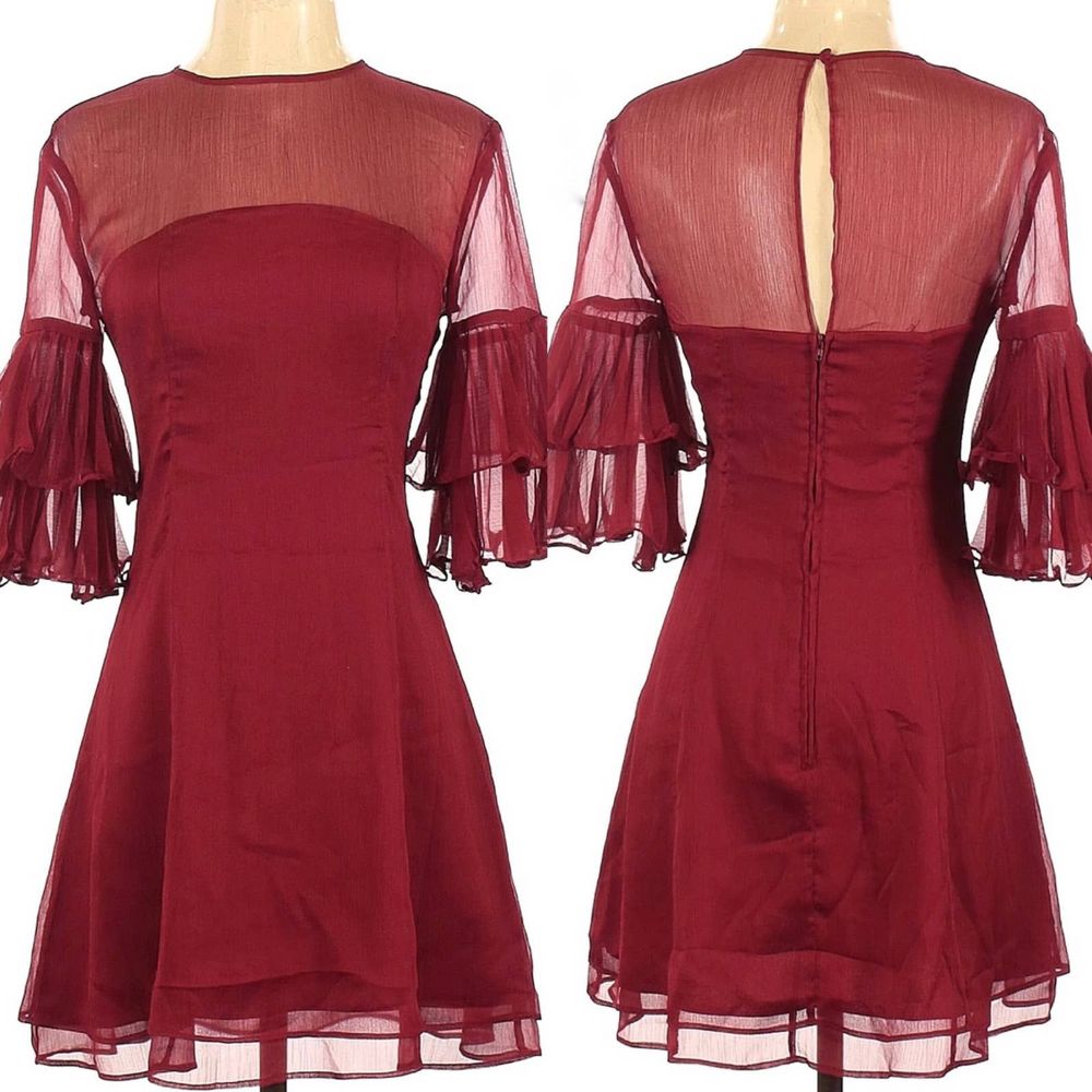 Keepsake Bell Sleeves Ruffle Sheer Mini Dress Red